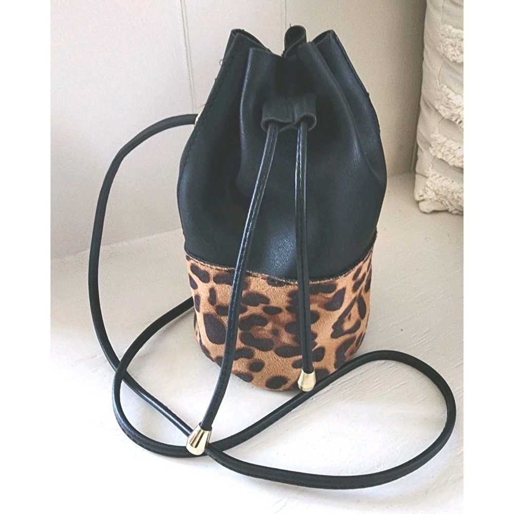Target Brand Drawsting Crossbody Small Bucket Handbag In Blk & Leopard